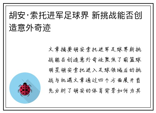胡安·索托进军足球界 新挑战能否创造意外奇迹